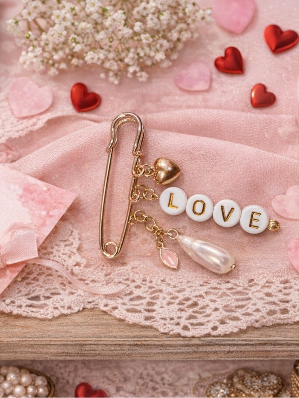 Gold 'LOVE' Charm Safety Pin Brooch with Pearl Drop